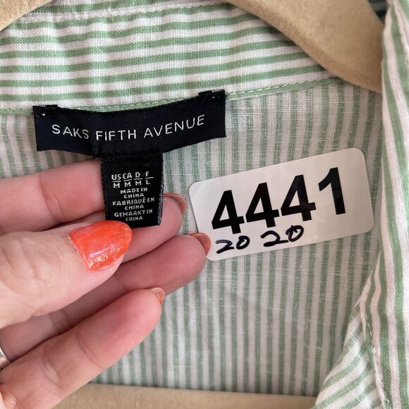 Saks Fifth Ave Green Linen Blend Popover Shirt M Striped Classic Collared Preppy - Picture 6 of 10